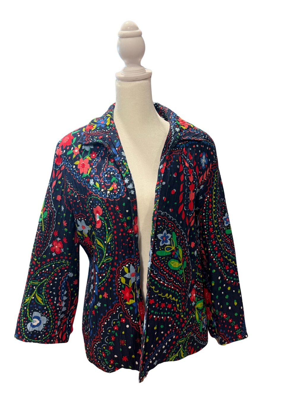 Alfred Dunner Navy Floral Paisley Open Jacket with Red & Green Accents